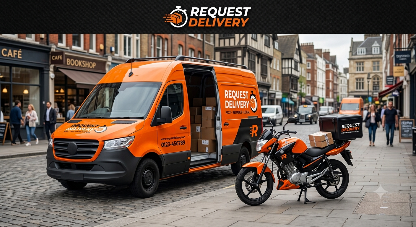 Request Delivery vehicle and motorcycle in a city street